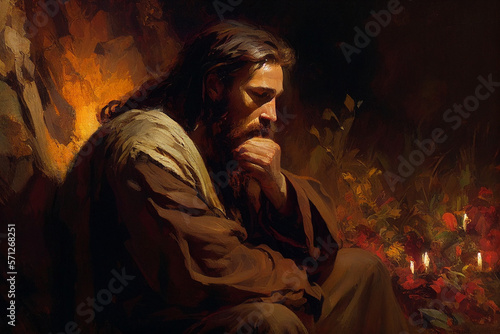 Jesus Christ praying in the garden of Gethsemane. Oil painting style Christian art photo