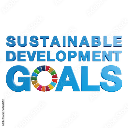 3D render of Sustainable Development Goals text with color wheel. SDG