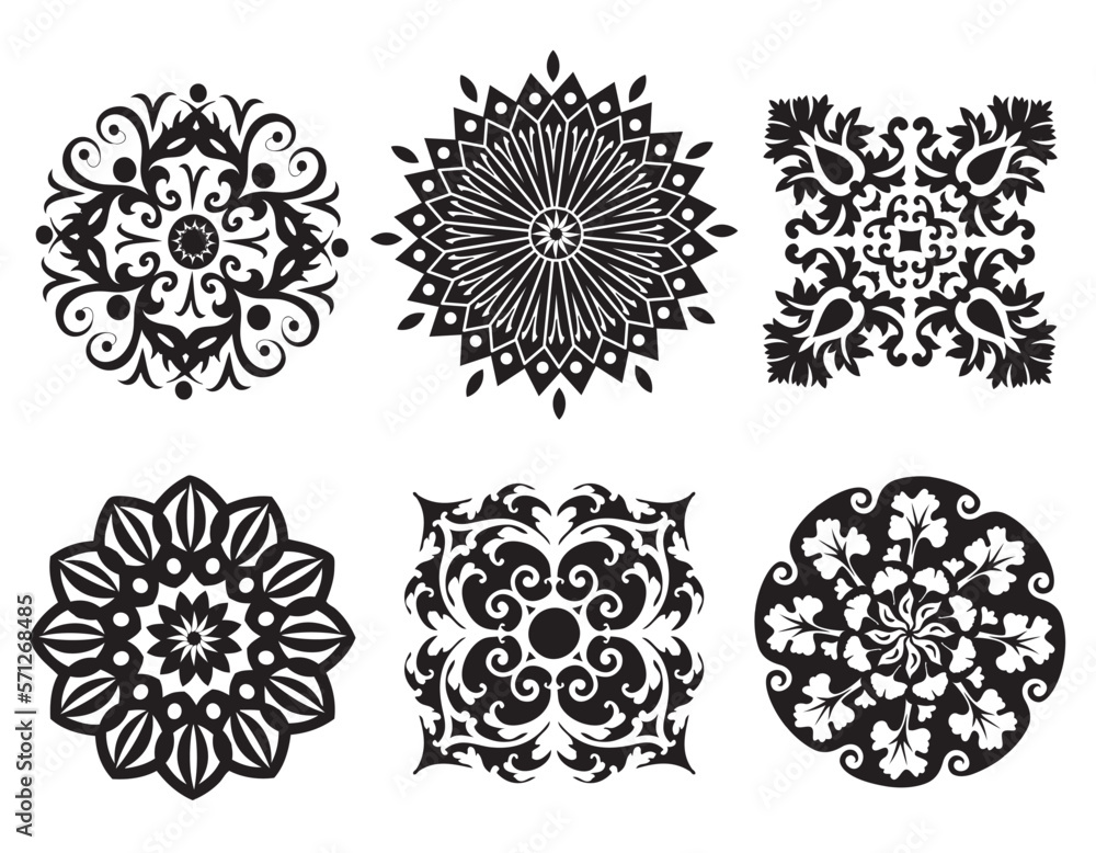 Ensemble de 6 Mandalas de Fleurs en Noir et Blanc, Motif Végétal Rosaces Tatouage Roues Harmonie Ensemble de 6 Mandalas de Fleurs en Noir et Blanc, Motif Végétal Rosaces Tatouage Roues Harmonie