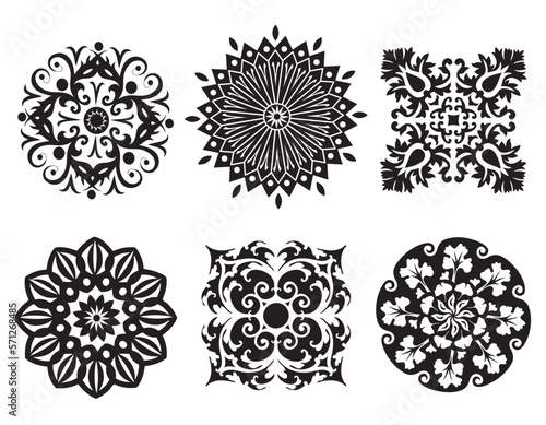 Ensemble de 6 Mandalas de Fleurs en Noir et Blanc, Motif Végétal Rosaces Tatouage Roues Harmonie