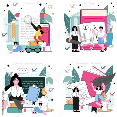 Philologist concept set. Scientific study of language, its history