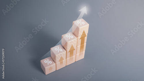 Investment technology, financial, return on investment - ROI concepts. Increasing arrow, Shining rise up arrow with percentage icon on wooden blocks, business growth process, profit, market grow