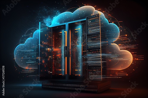 Big data center technology warehous with servers information digitalization Starts. SAAS, Cloud Computing, Web Service. Generative AI