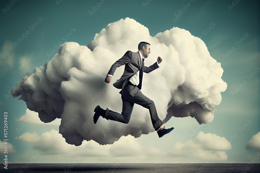 Businessman jumps on a cloud. Generative AI Businessman jumps on a cloud. Generative AI