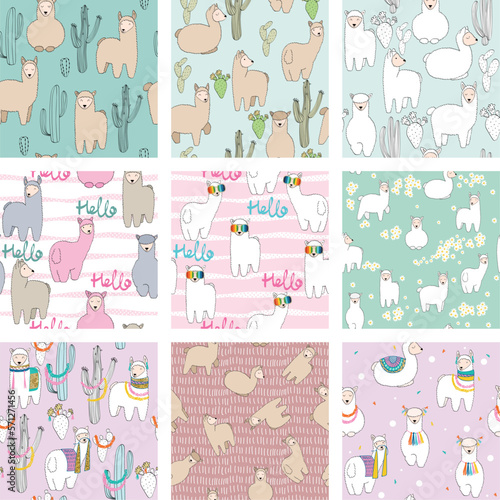 Set of vector seamless patterns with llamas for fabric, wrapping paper, etc.