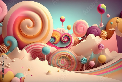 Sweet colorful candies and lollipops. Look like 3d rendering. Generative llustration for card, party, design, flyer, poster, banner, advertising © WhataWin