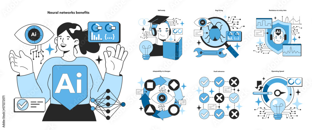 Fototapeta premium Artificial neural network benefits set. Self-learning computing system