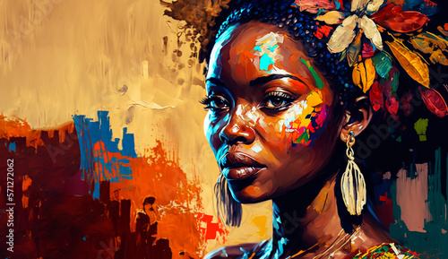 Abstract painting concept. Colorful art portrait of a tribal ethnic woman. African culture. Generative AI. photo