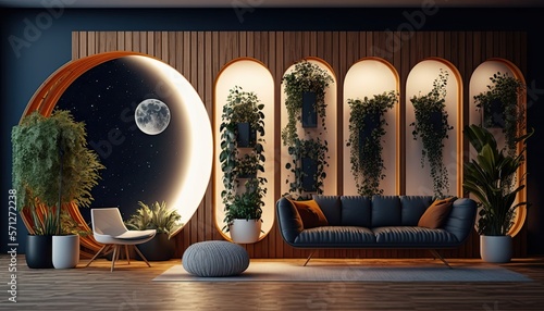 Ultra modern futuristic interior, elegant wooden living room with leather cozy sofa  © Dniel
