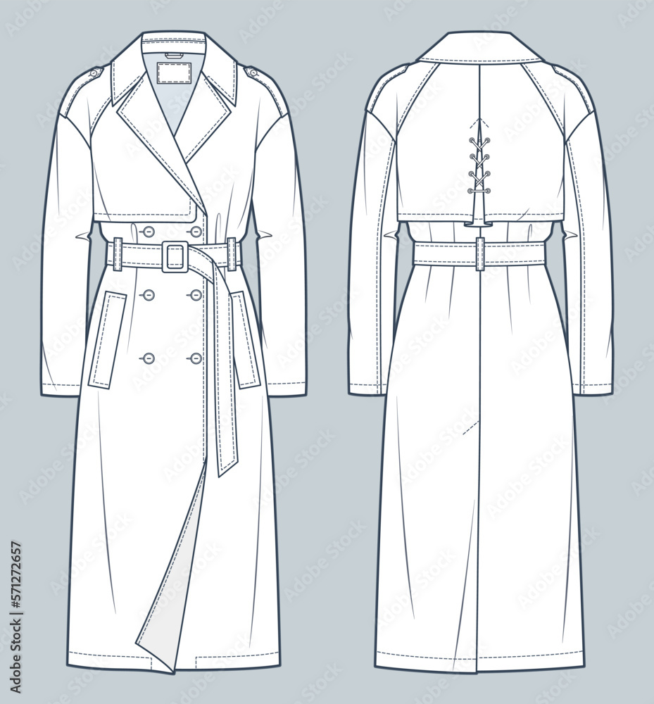Trench Coat technical fashion Illustration. Classic Trench Coat fashion  flat technical drawing template, midi length, long sleeve, pocket, front  and back view, white, women, men, unisex CAD mockup. Stock Vector | Adobe