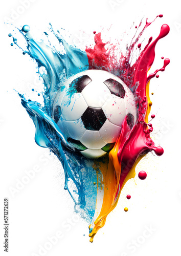 Football in colorful water splashes, on white background. Abstract white background with colored floating liquids and realistic soccer ball. Generative AI