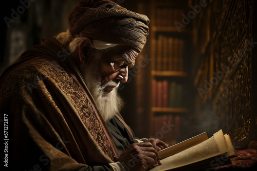 Muslim intellectual reading a book in the scientific library, generative ai