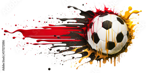 Naklejka Football in colorful water splashes, on white background. Abstract white background with colored floating liquids and realistic soccer ball with colores of german flag. Generative AI