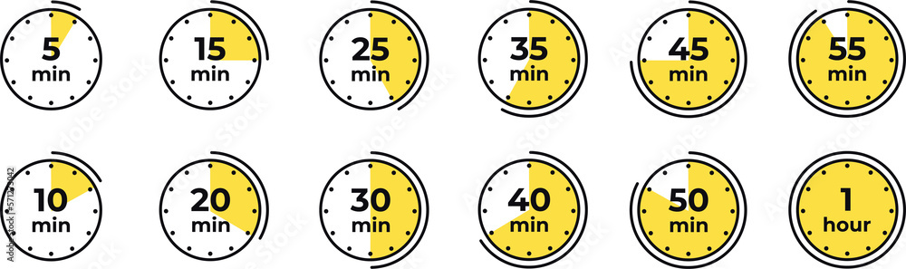 Timer, clock, stopwatch isolated set icons. Countdown timer symbol icon set. Label cooking time. Illustration  - obrazy, fototapety, plakaty 