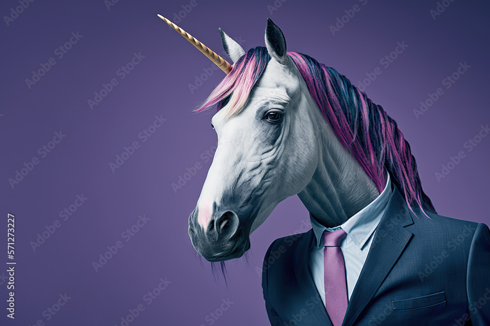 Studio photo portrait of a unicorn in business clothes, concept of