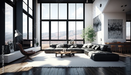 Ultra modern futuristic interior  elegant living room with leather cozy sofa