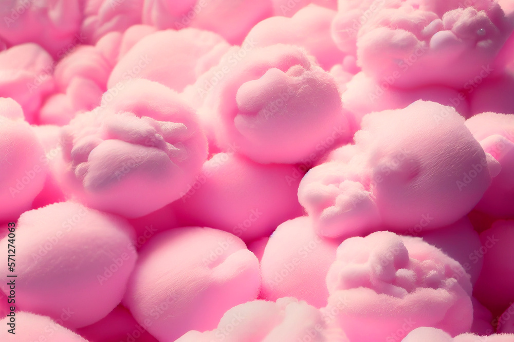 Obraz premium Fluffy and pink cotton candy wallpaper illustration with copy space. Beautiful sweet candyfloss background design. Generative AI.
