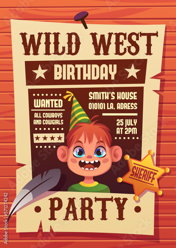 Birthday cowboy poster. Boy portrait on holiday party banner, vintage wild west and western style, childish invitation card template, wanted person, sheriff star, tidy vector concept