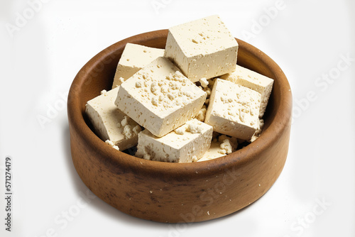 Cubed Greek feta cheese on a white background in a wooden dish. white brined curd cheese cubes produced in Greece from sheep and goat milk. old cheese with a gritty texture that is crumbly. Generative photo