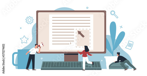 Manager with megaphone hurries employees. Angry boss is pushing workers, man with loudspeaker makes it work, huge computer screen, tiny office people nowaday vector cartoon flat concept