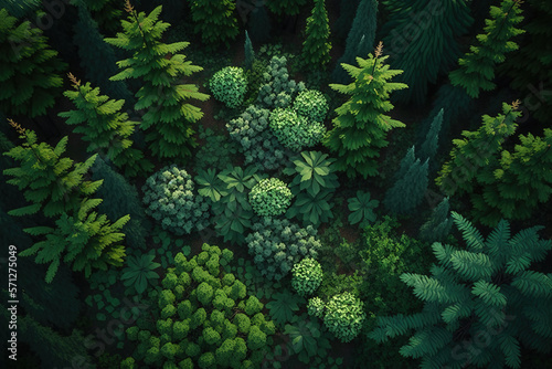 Aerial view of green summer forest. Generative illustration