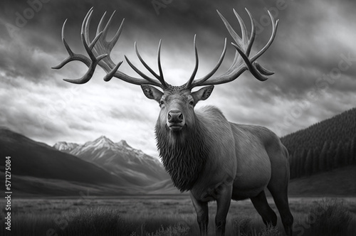 Black and white photo of a large elk standing in a field