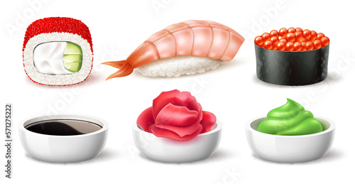 Realistic sushi rolls. Caviar and shrimp rolls  japanese salmon snacks  soy sauce  wasabi  pickled ginger  rice and nori seaweed  3d isolated elements  asian restaurant menu utter vector set