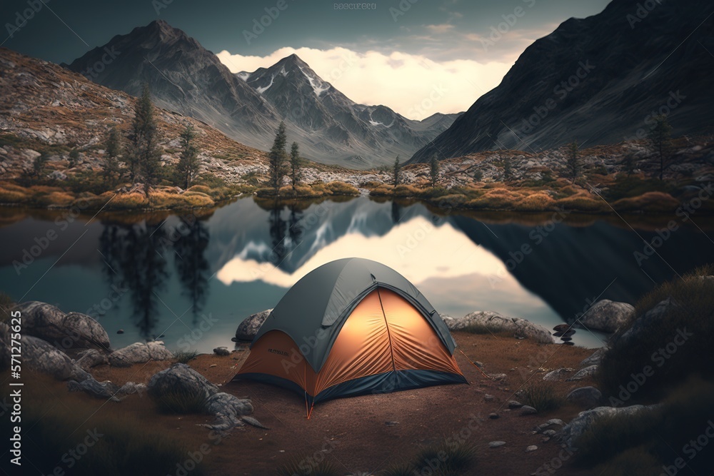 A camping tent in a nature hiking spot, Relaxing during a Hike in mountain, next to lake river - Generative AI