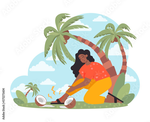 Injured woman, girl suffers from wounded leg. Bad vacation experience