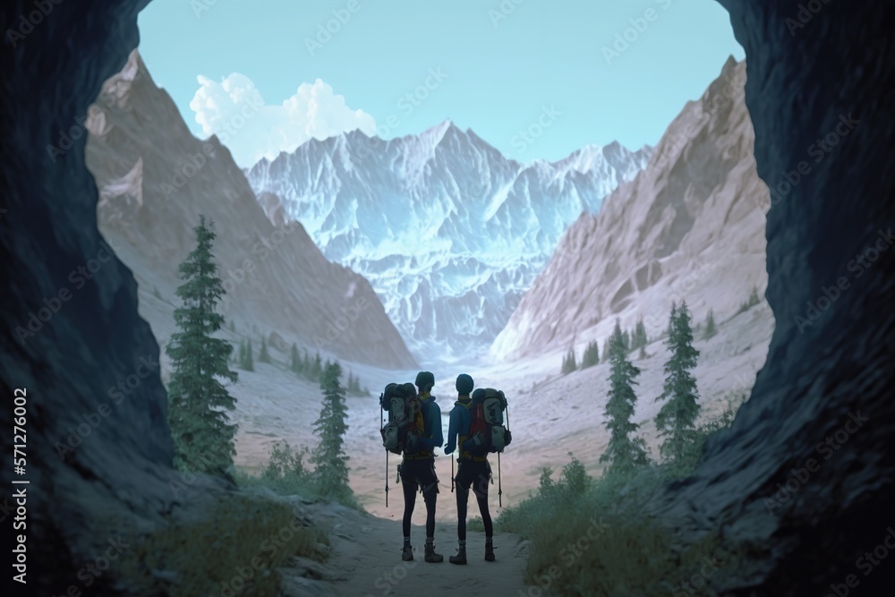 A couple of hikers trekking through a easy moutain trail, surrounded by towering peaks and verdant valleys and waterfall. Generative AI