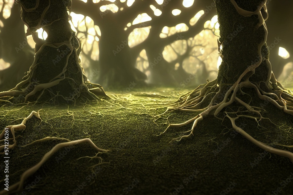 Root system of a tree growing underground, soil section concept