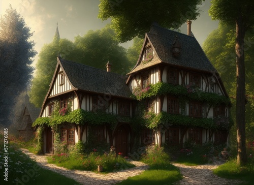 Courtyard of an old medieval house. Fantasy background. AI generated