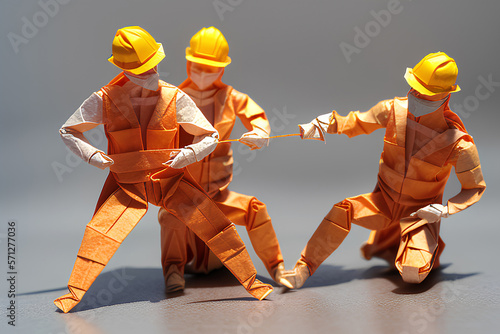 Construction workers are working at the construction site. They use high-visibility clothing and PPE. Image in origami style and produced using AI tools.
