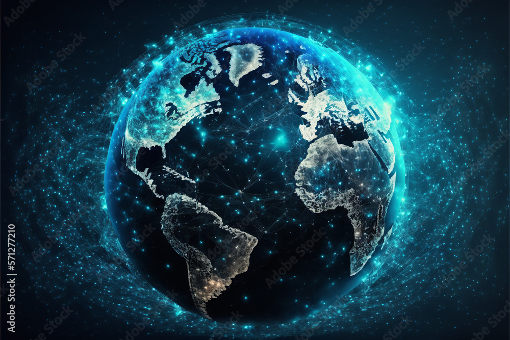 Earth Communications network map of the world. Dark blue background map