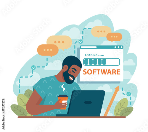 Programmer. Black male character coding, testing and writing programs