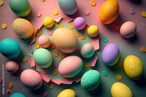 Easter colorful eggs flat lay  bright  vibrant colors. AI generated image