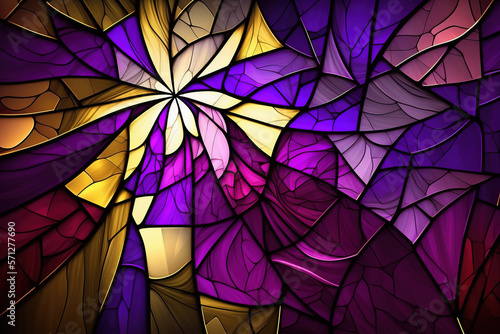 Multicolored stained glass window with irregular random block pattern. Generative illustration