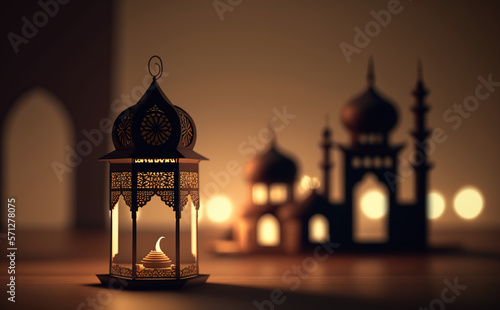 Ramadan kareem with lantern and mosque behind blurred background, Generative AI
