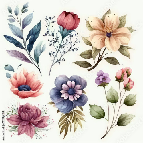 flower collection on white background with margins, watercolor, cartoon pretty, Mother's Day