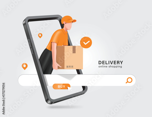 Delivery man in orange uniform and wear cap hat and he is standing front smartphone and lifting parcel box or cardboard box to customer