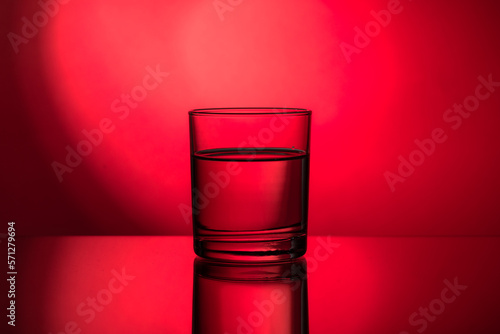 A glass of water. Glass in a backlight. Glass on the red backdrop.