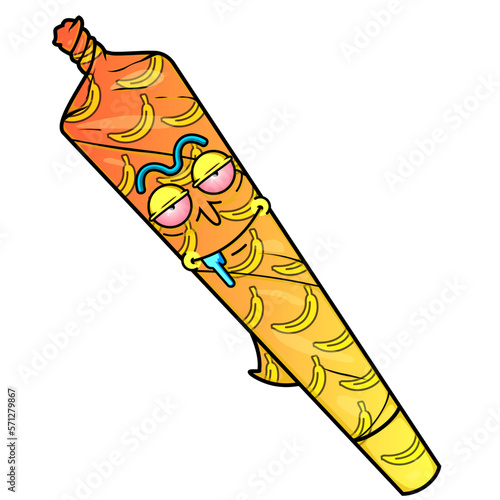 Cute funny happy marijuana weed bud with cannabis banana. Vector flat cartoon character illustration icon design. Cannabis with graffiti Isolated on white background. Cigarette with a face sticker