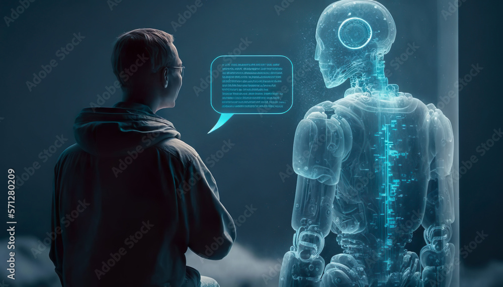 person talking with robotic ai.futuristic technology or machine learning concepts.Generative ai technology - obrazy, fototapety, plakaty 