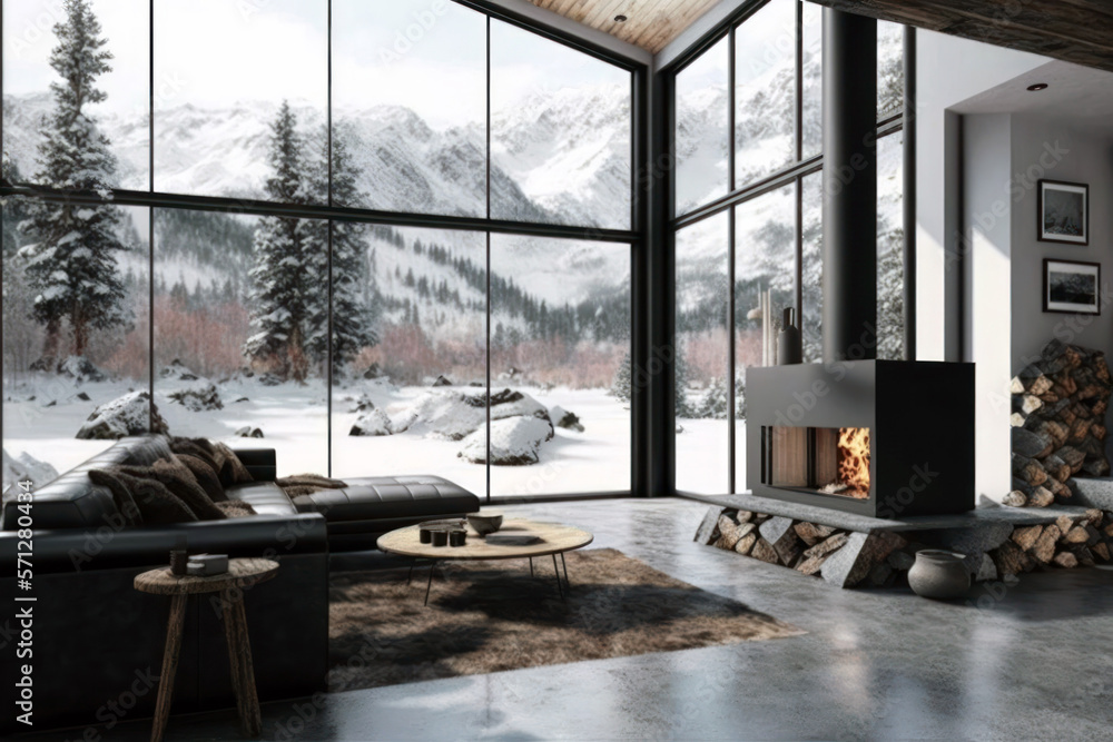 Fototapeta premium Modern living room with fireplace, forest challet interior in Winter, snowy mountain view out of windows. Generative AI
