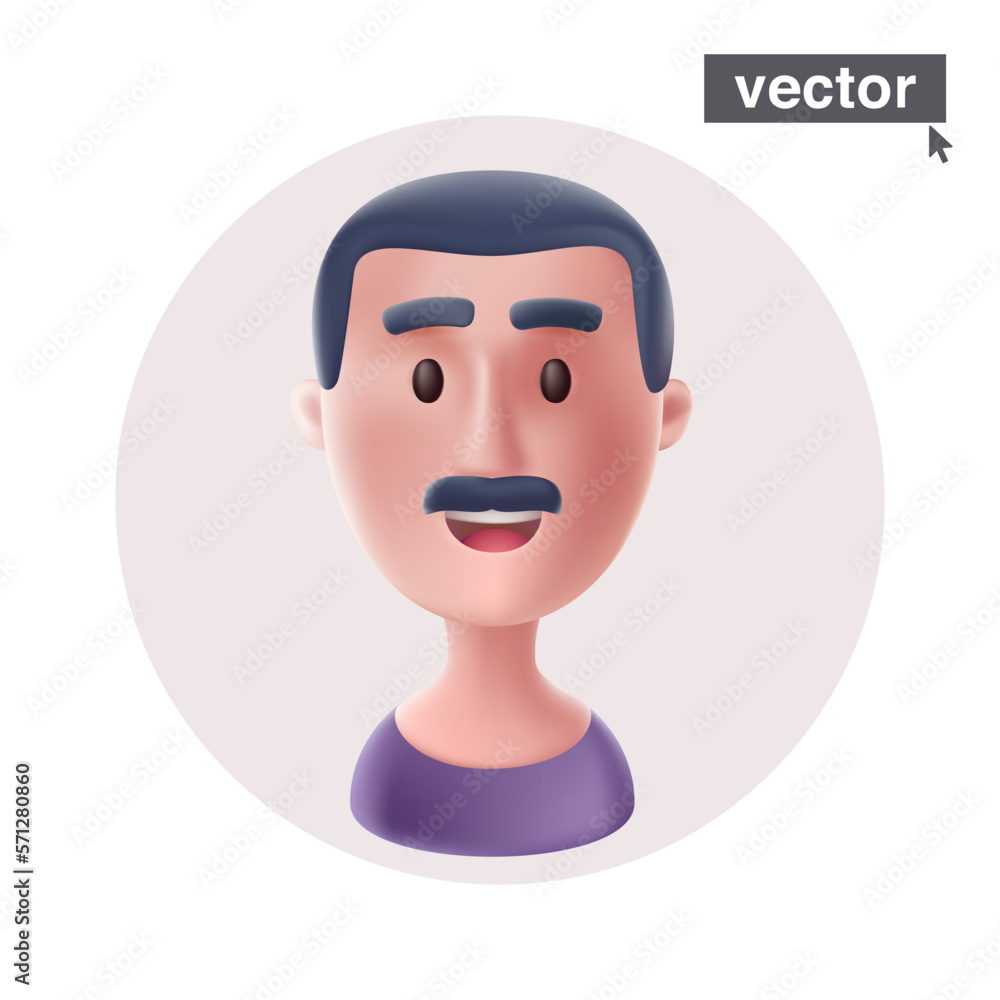 Man with mustache avatar in circle frame. Realistic 3D style vector character illustration in cartoon style. Man with mustache avatar in circle frame. Realistic 3D style vector character illustration in cartoon style.