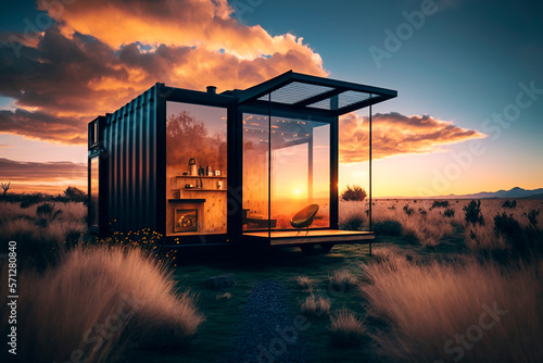 modern tiny house made out of container, concept of modern and cheap living, generative ai photo