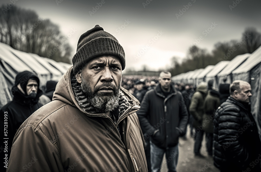 Fototapeta premium accommodation for refugees, refugee camp with tents as accommodation, men standing in between, fictitious place and people. Generative AI