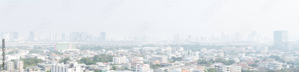 panoramic landscape view of Bangkok city and skyline that showing smog and polluted air pollution from particle PM2.5