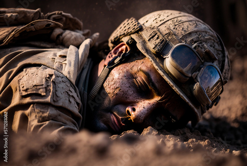 a wounded or killed soldier in soldier's uniform and helmet, soldier lies on the ground. Generative AI