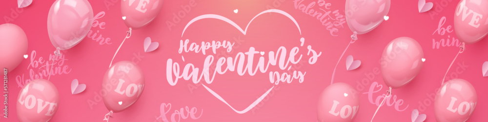 Happy Valentine's Day Banner with pink 3d realistic balloons with word LOVE, paper hearts, letterings. Vector illustration for card, party, design, flyer, poster, decor, banner, web, advertising. 